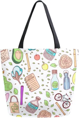 Canvas Tote Bag Spring Vegetable Leaves Women Shoulder Bag Zero Waste Reusable Grocery Bags Large Handbag Travel Shopping Bag for School Nursing Gift Outdoors