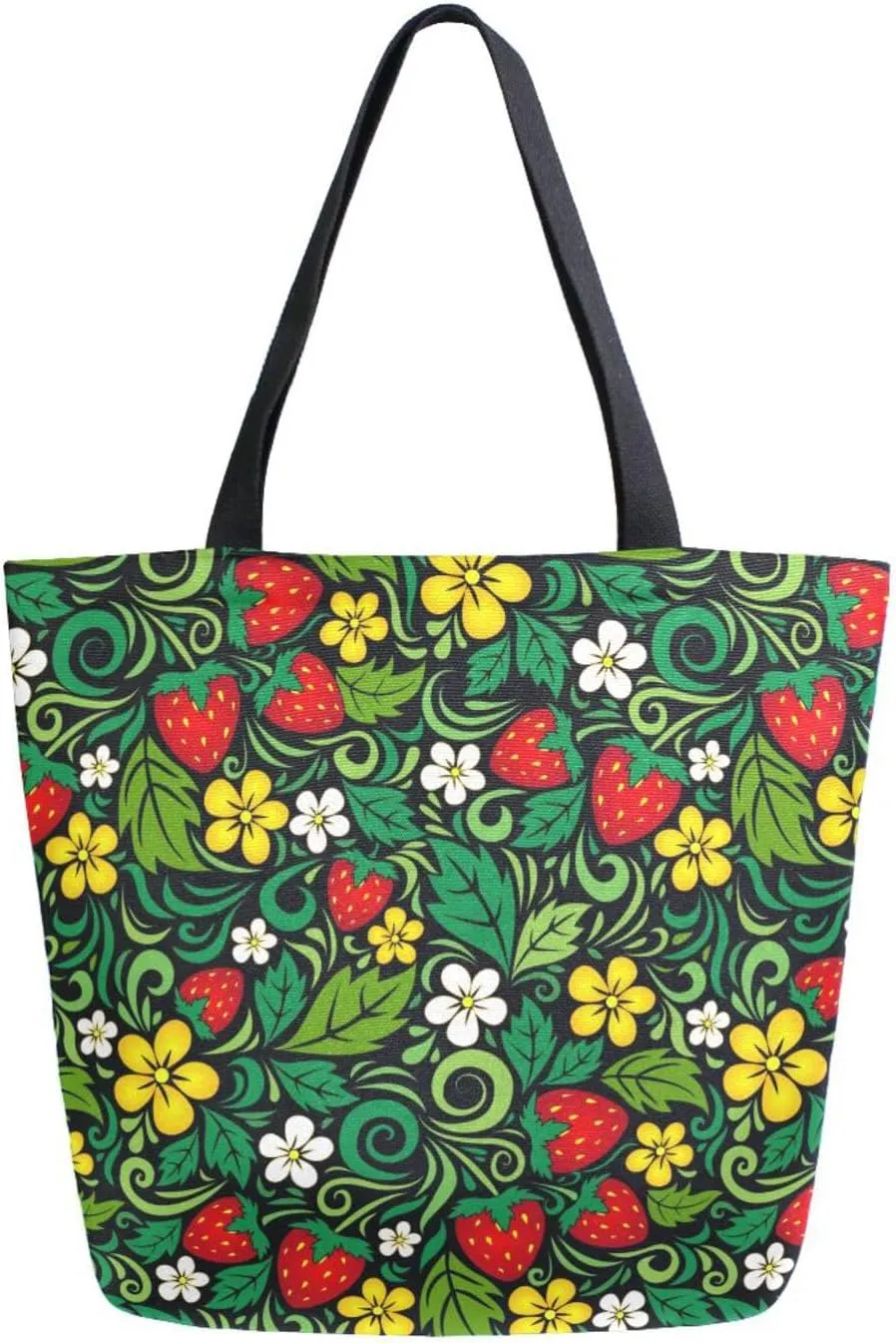 Canvas Tote Bag Strawberry Traditional Russian Women Shoulder Bag Spring Summer Leaves Reusable Grocery Bags Large Handbag Travel Shopping Bag for School Nursing Gift Outdoors