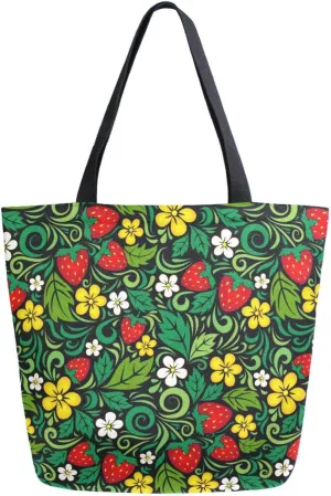 Canvas Tote Bag Strawberry Traditional Russian Women Shoulder Bag Spring Summer Leaves Reusable Grocery Bags Large Handbag Travel Shopping Bag for School Nursing Gift Outdoors