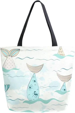 Canvas Tote Bag Summer Mermaid Tails Women Shoulder Bag Sea Water Wave Reusable Grocery Bags Large Handbag Travel Shopping Bag for School Nursing Gift Outdoors