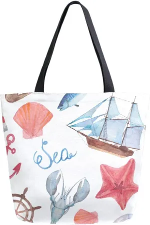 Canvas Tote Bag Summer Sea Navigation Women Shoulder Bag Watercolor Starfish Seashell Reusable Grocery Bags Large Handbag Travel Shopping Bag for School Nursing Gift Outdoors