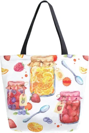 Canvas Tote Bag Summer Strawberry Lemon Women Shoulder Bag Jam Jars Fruits Berries Reusable Grocery Bags Large Handbag Travel Shopping Bag for School Nursing Gift Outdoors