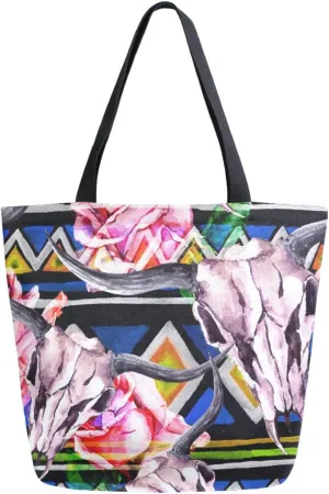 Canvas Tote Bag Tribal Animal Skull Women Shoulder Bag Ethic Summer Rose Flowers Reusable Grocery Bags Large Handbag Travel Shopping Bag for School Nursing Gift Outdoors
