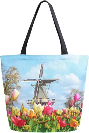 Canvas Tote Bag Tulip Field Windmill Women Shoulder Bag Summer Floral Reusable Grocery Bags Large Handbag Travel Shopping Bag for School Nursing Gift Outdoors