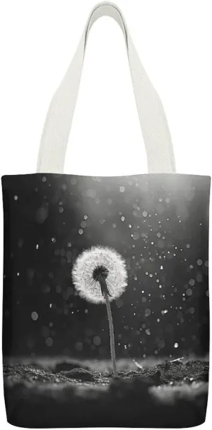 Canvas Tote Bags Dandelion Black And White Print Reusable Grocery Bag Lightweight Shopping Handbag with Internal Pocket Double-sided Pattern