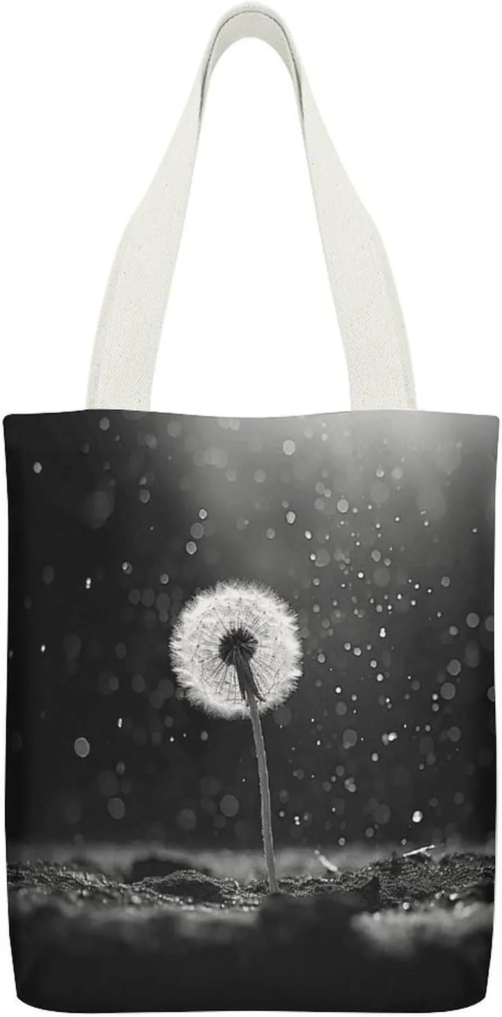 Canvas Tote Bags Dandelion Black And White Print Reusable Grocery Bag Lightweight Shopping Handbag with Internal Pocket Double-sided Pattern