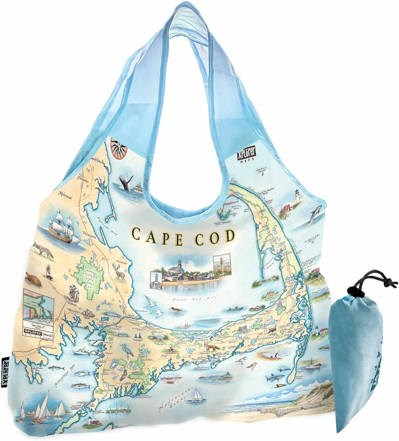 Cape Cod Map Nylon Pouch Tote Bag with Handles – Reusable & Eco-Friendly Shopping Bag, Washable, Foldable, Heavy Duty, 18" x 25"