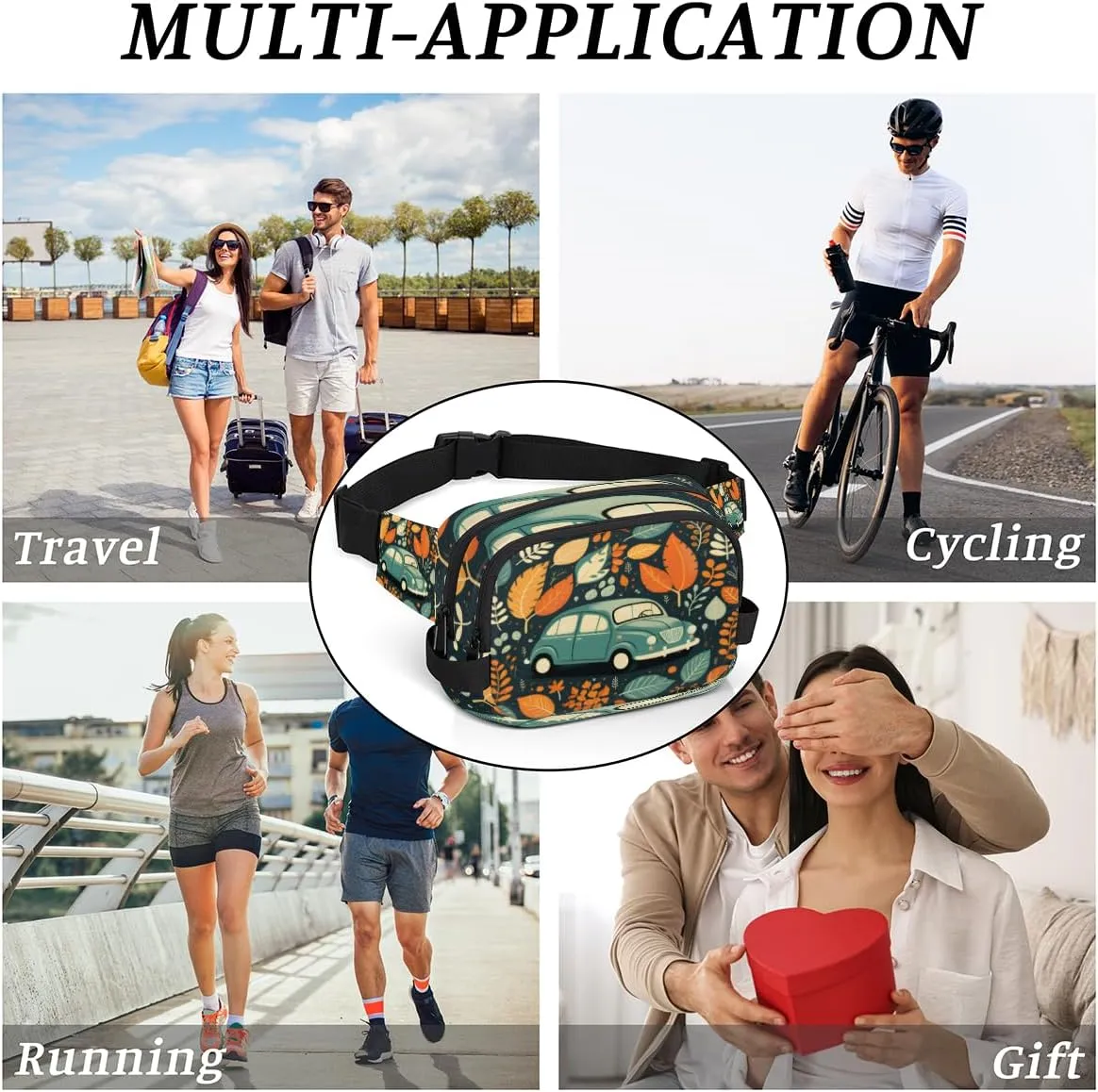 Car Pattern Fanny Pack for Men Women Crossbody Waist Bag Sport Belt Bag with Multi Pockets for Travel Hiking Jogging Running