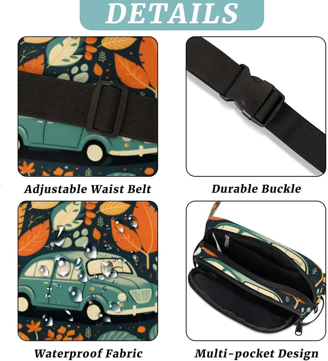 Car Pattern Fanny Pack for Men Women Crossbody Waist Bag Sport Belt Bag with Multi Pockets for Travel Hiking Jogging Running