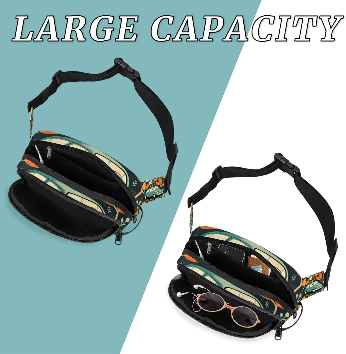 Car Pattern Fanny Pack for Men Women Crossbody Waist Bag Sport Belt Bag with Multi Pockets for Travel Hiking Jogging Running