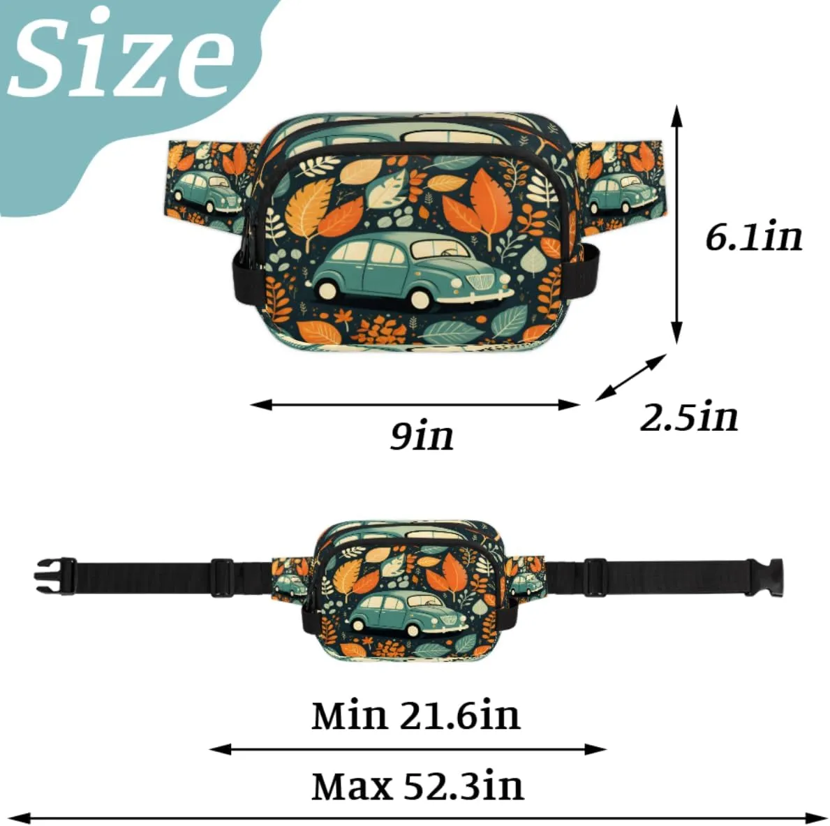 Car Pattern Fanny Pack for Men Women Crossbody Waist Bag Sport Belt Bag with Multi Pockets for Travel Hiking Jogging Running