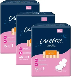 Carefree Ultra Thin Pads for Women, Overnight Pads with Wings, 120ct (3 Packs of 40ct) | Carefree Feminine Care, Period Care & Postpartum | 120ct (3 Packs of 40ct)