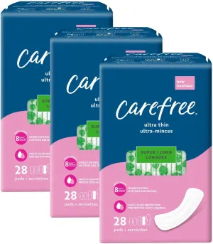Carefree Ultra Thin Pads for Women, Super/Long Pads without Wings, 84ct (3 Packs of 28ct) | Carefree Feminine Care, Period Care & Postpartum | 84ct (3 Packs of 28ct)