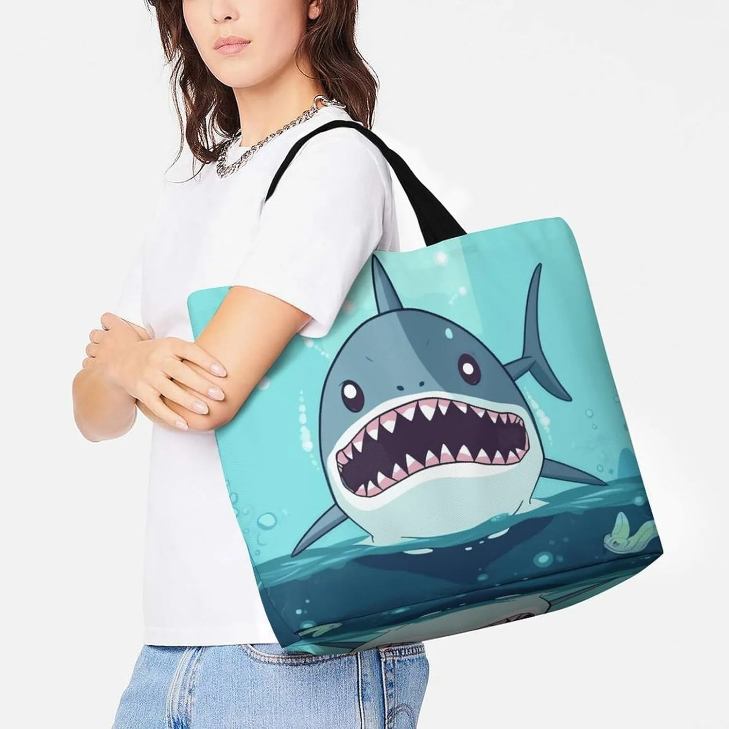 Cartoon Shark Floating in Water Tote Bag for Women Reusable Grocery Shoulder Bag Shopping Bags for Travel, Groceries