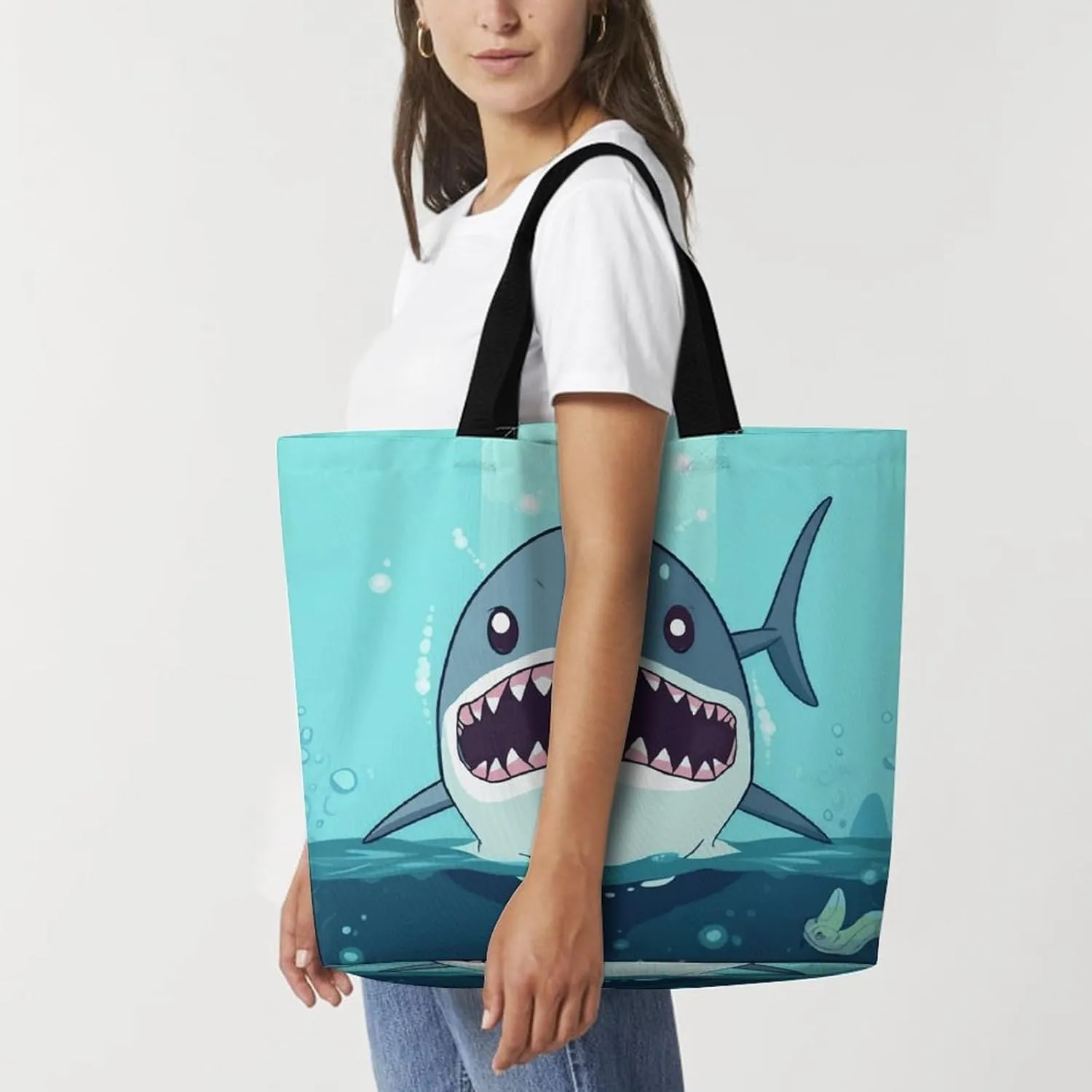 Cartoon Shark Floating in Water Tote Bag for Women Reusable Grocery Shoulder Bag Shopping Bags for Travel, Groceries