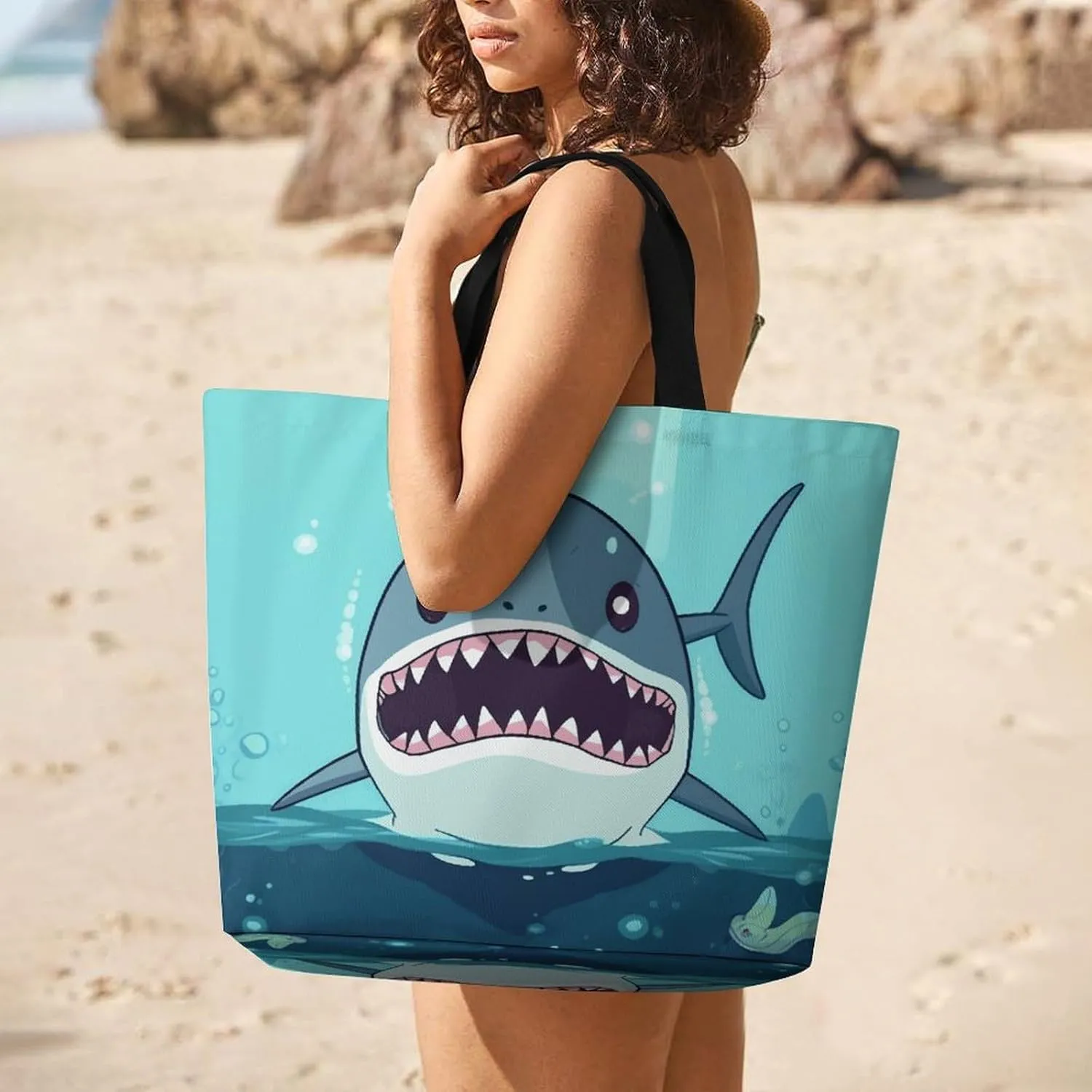 Cartoon Shark Floating in Water Tote Bag for Women Reusable Grocery Shoulder Bag Shopping Bags for Travel, Groceries