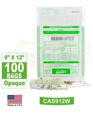Cashier Depot Tamper Evident Deposit Bags, 9" x 12" White, Serialized Numbering, Barcode, Press & Seal Void Closure Tape (CAS912W)