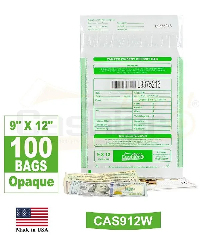 Cashier Depot Tamper Evident Deposit Bags, 9" x 12" White, Serialized Numbering, Barcode, Press & Seal Void Closure Tape (CAS912W)