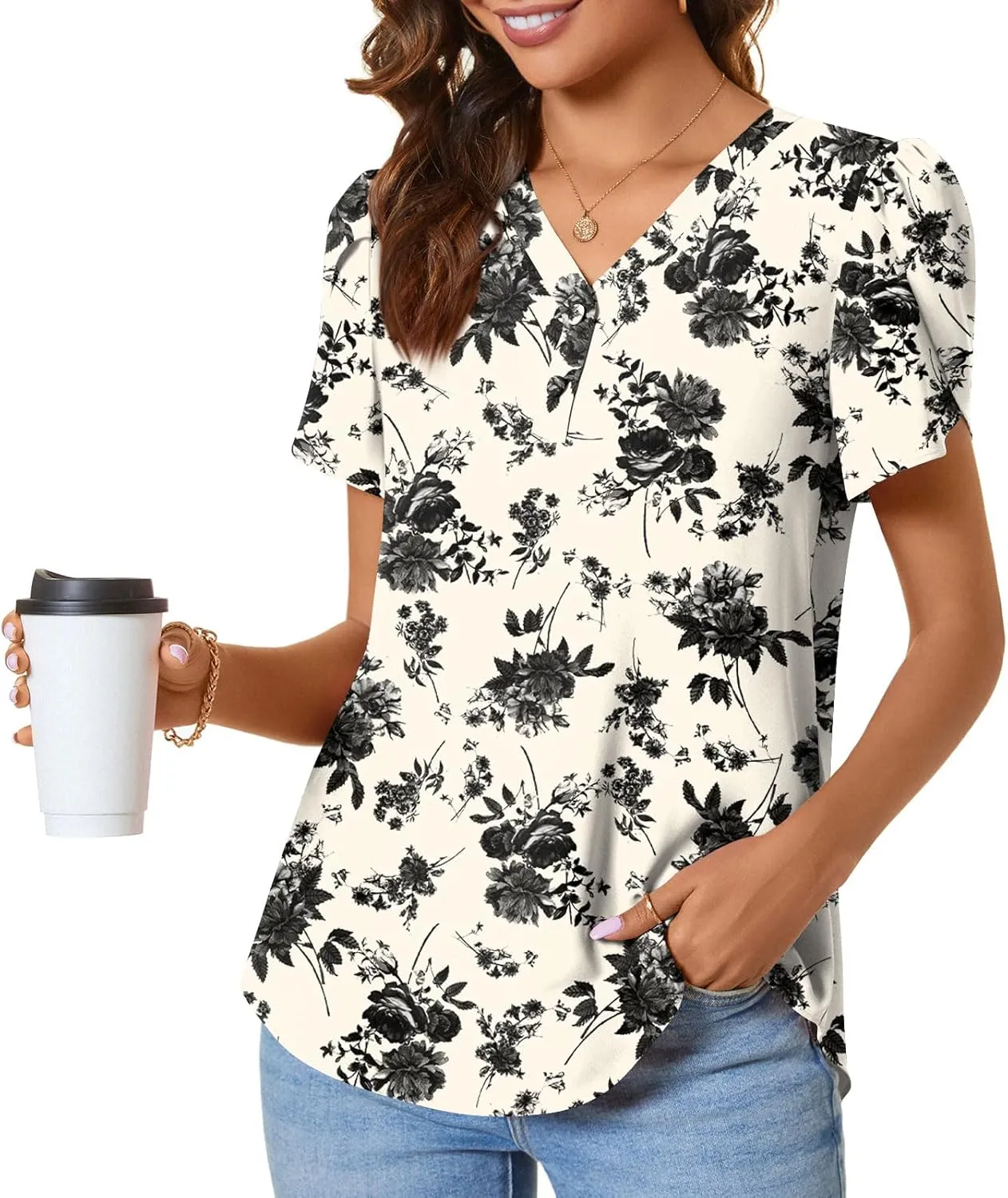 CATHY Womens Casual Summer Tops Dressy Petal Short Sleeve Chiffon Shirts Button Up V Neck Tunic Blouses