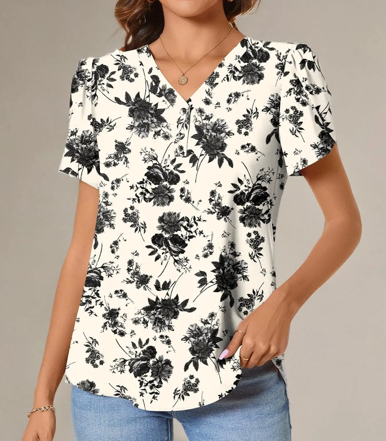 CATHY Womens Casual Summer Tops Dressy Petal Short Sleeve Chiffon Shirts Button Up V Neck Tunic Blouses