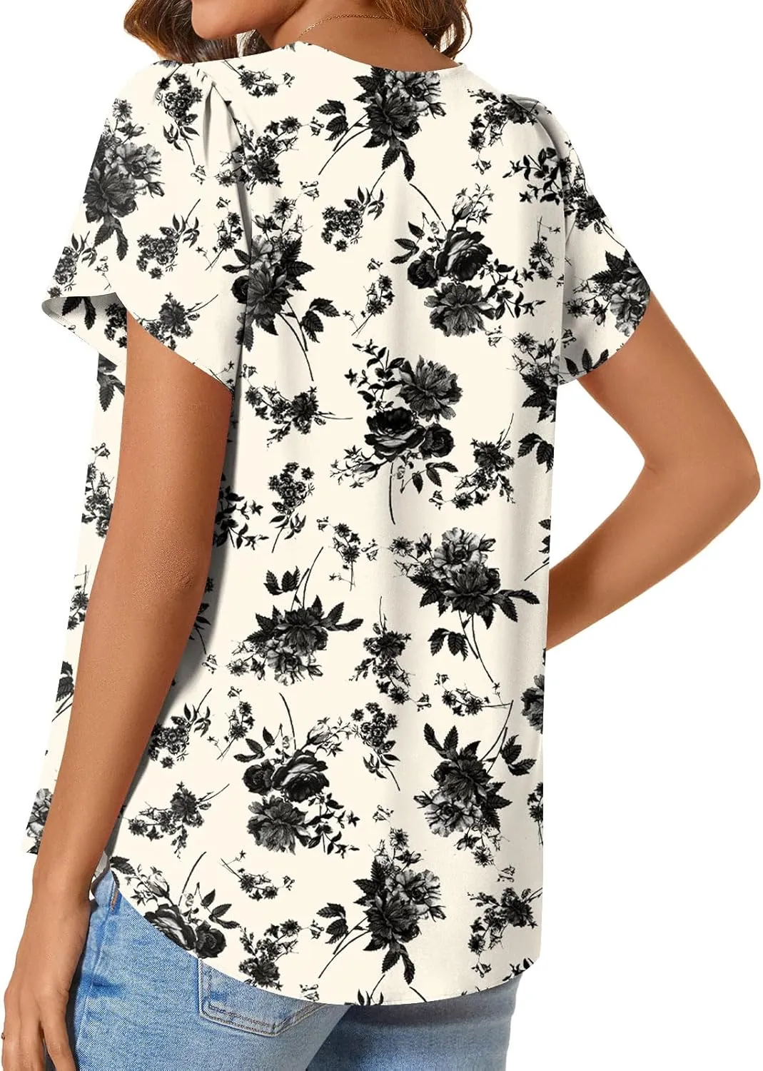 CATHY Womens Casual Summer Tops Dressy Petal Short Sleeve Chiffon Shirts Button Up V Neck Tunic Blouses