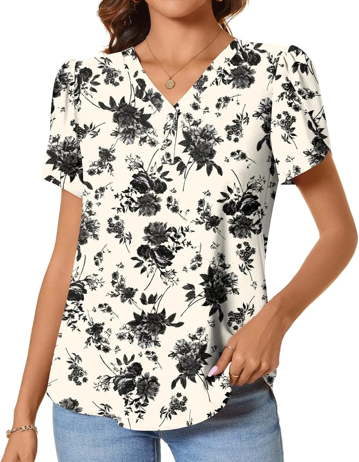 CATHY Womens Casual Summer Tops Dressy Petal Short Sleeve Chiffon Shirts Button Up V Neck Tunic Blouses