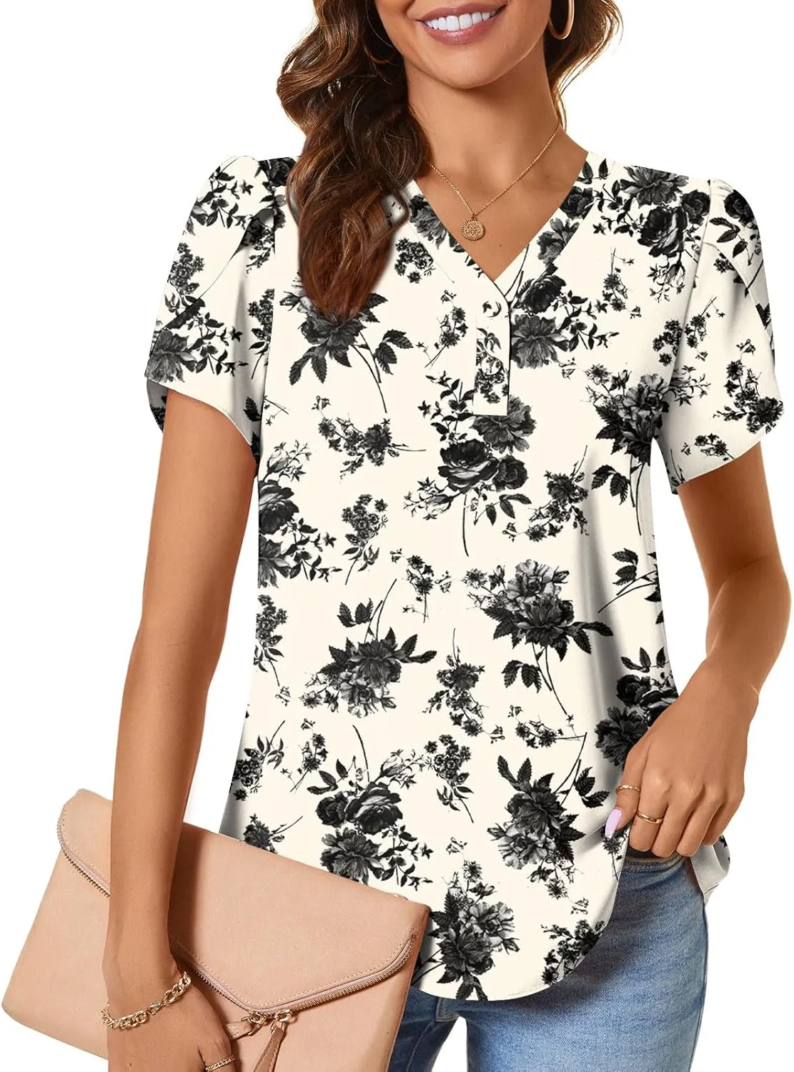 CATHY Womens Casual Summer Tops Dressy Petal Short Sleeve Chiffon Shirts Button Up V Neck Tunic Blouses