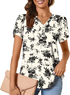 CATHY Womens Casual Summer Tops Dressy Petal Short Sleeve Chiffon Shirts Button Up V Neck Tunic Blouses