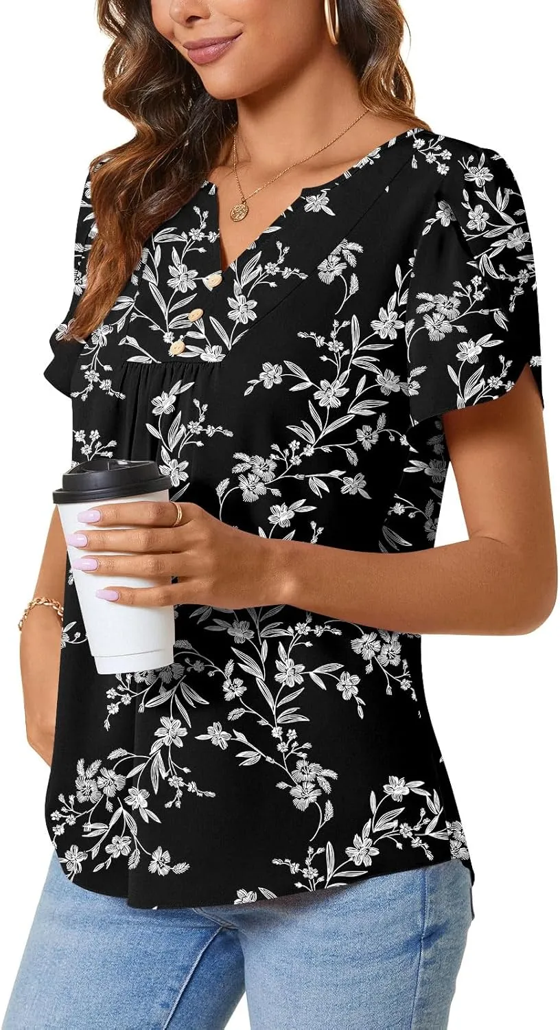 CATHY Women's Petal Short Sleeve Tunic Tops Dressy Summer Blouses V Neck Button Cute Shirts