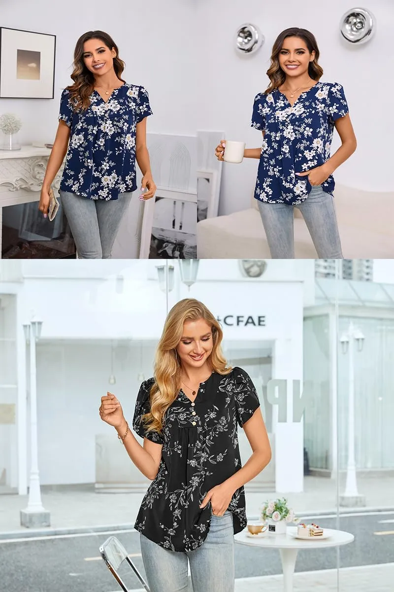 CATHY Women's Petal Short Sleeve Tunic Tops Dressy Summer Blouses V Neck Button Cute Shirts