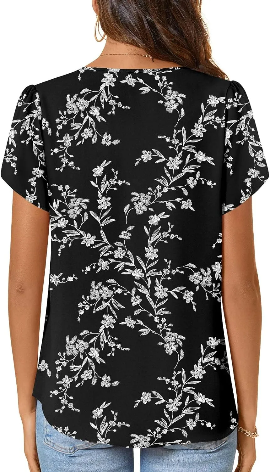 CATHY Women's Petal Short Sleeve Tunic Tops Dressy Summer Blouses V Neck Button Cute Shirts