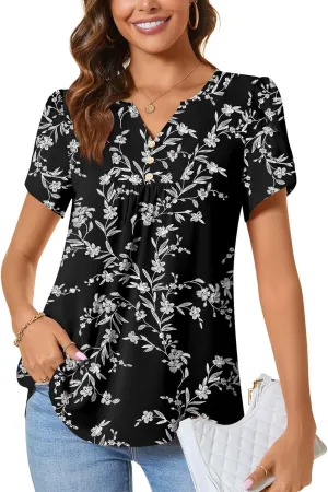 CATHY Women's Petal Short Sleeve Tunic Tops Dressy Summer Blouses V Neck Button Cute Shirts