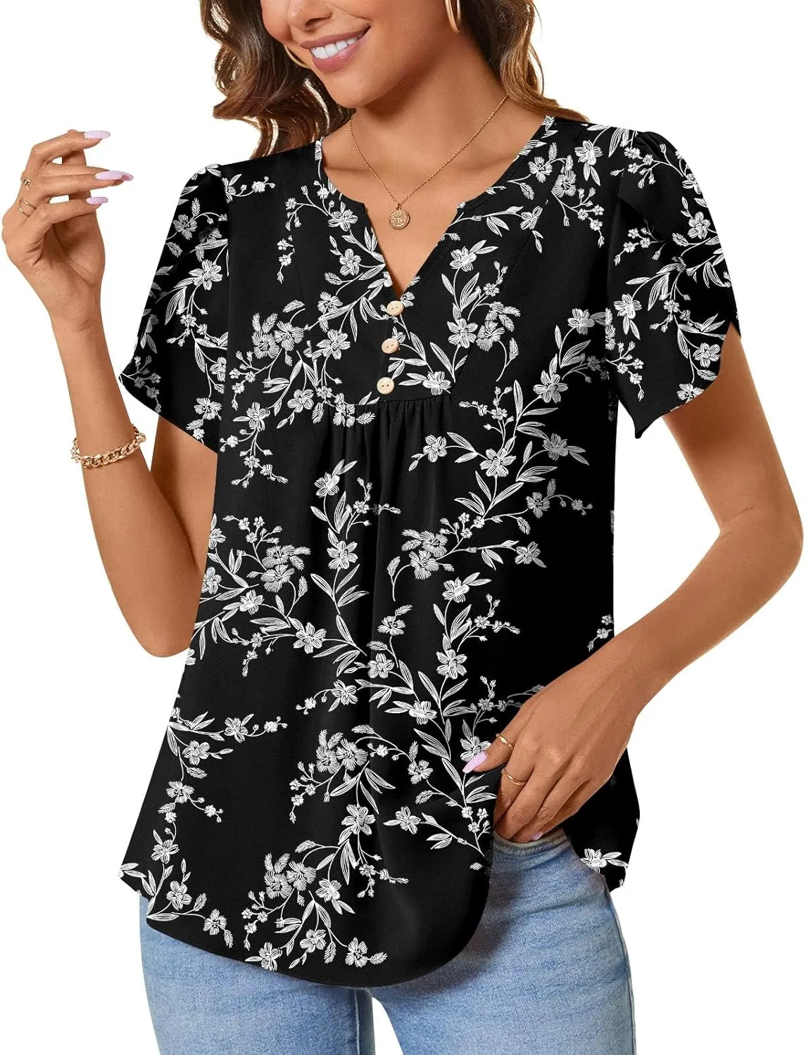 CATHY Women's Petal Short Sleeve Tunic Tops Dressy Summer Blouses V Neck Button Cute Shirts