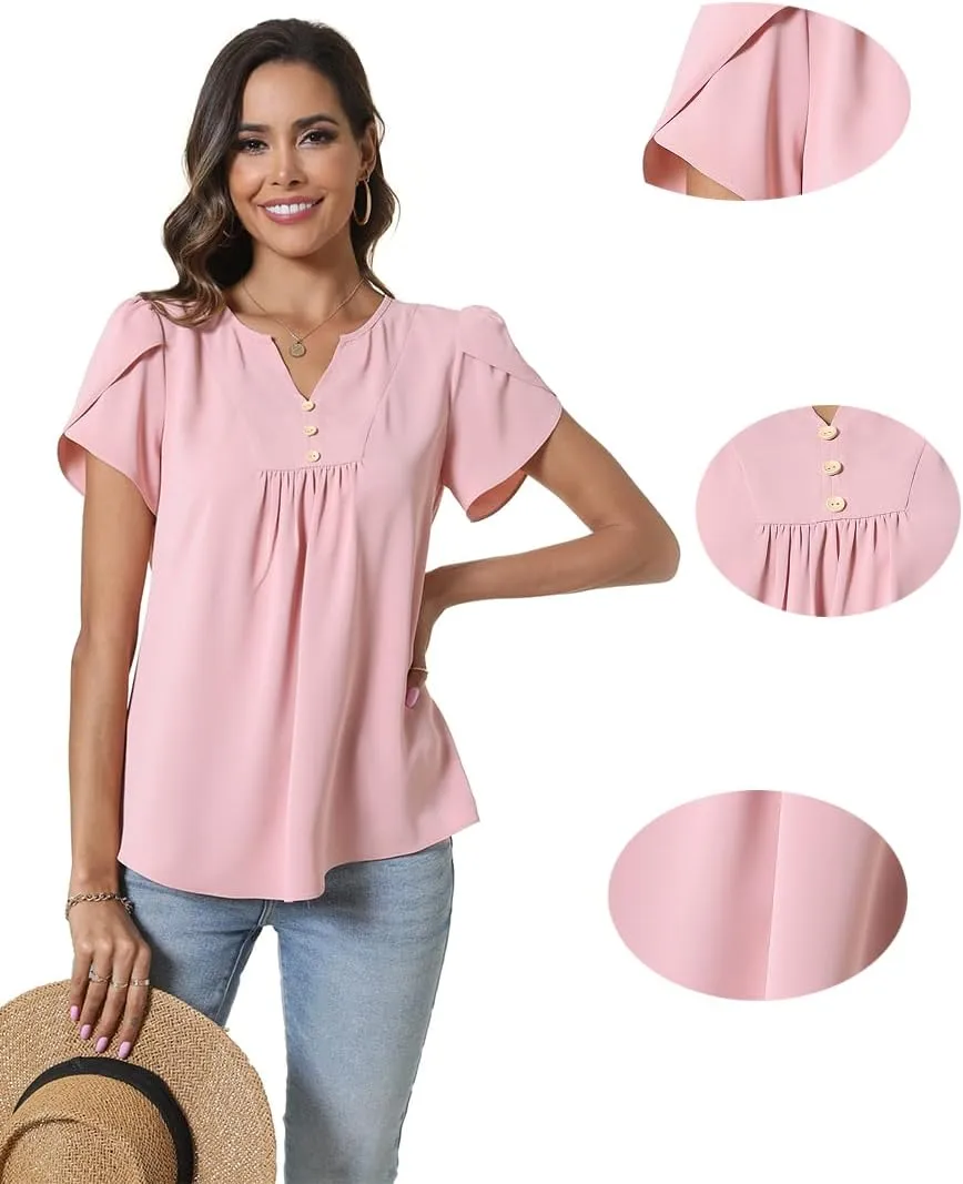 CATHY Women's Petal Short Sleeve Tunic Tops Dressy Summer Blouses V Neck Button Cute Shirts