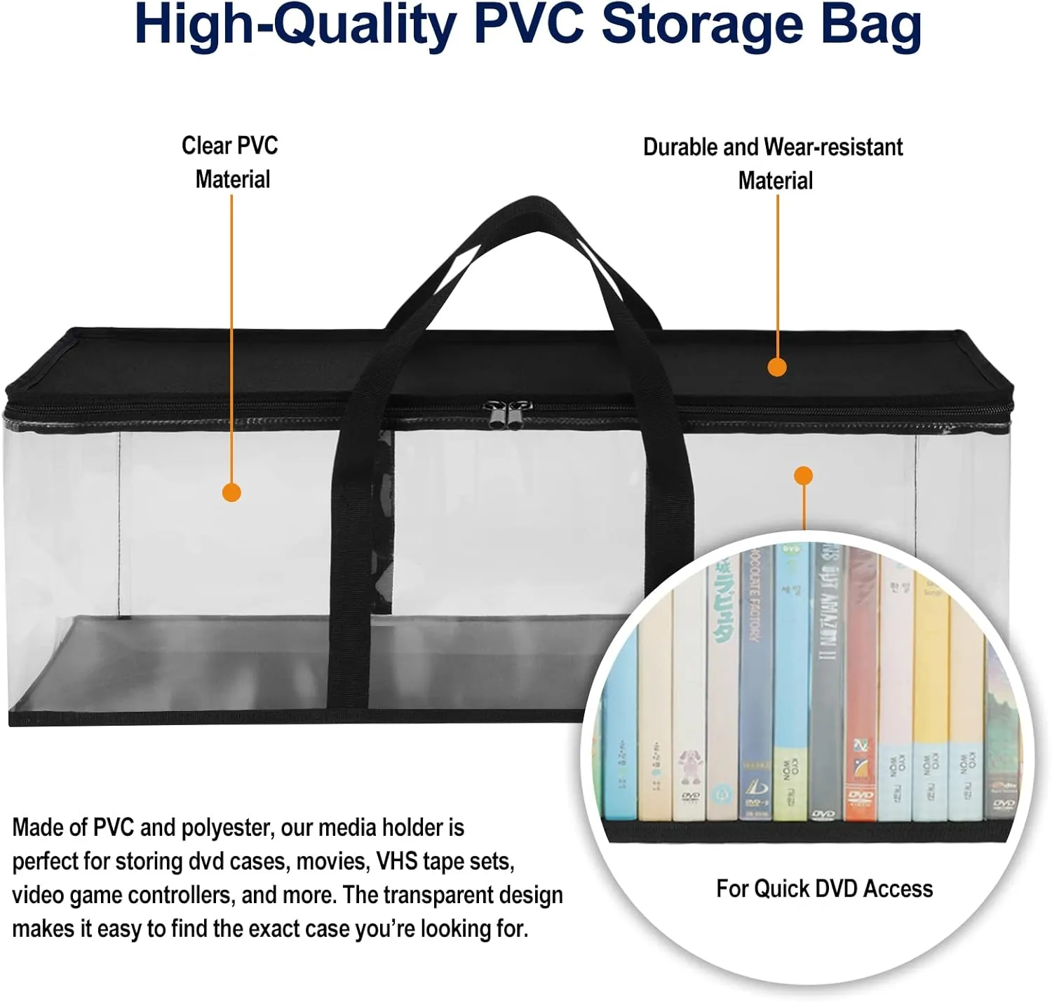 CCidea DVD Storage Bags (Set of 4) Clear PVC Media Holder Case with Handles for DVDs/CDs/VHS Box/Blu Ray Disc/Movie Cases/Video Games Discs - Each Bag Holds up to 40 DVDs
