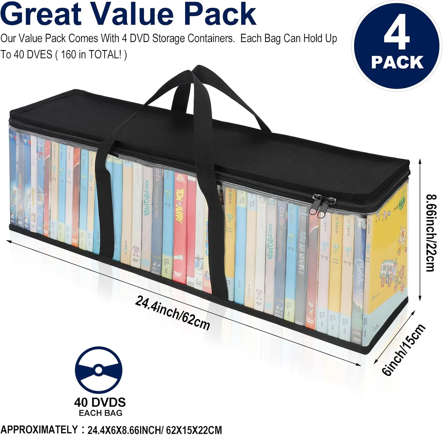 CCidea DVD Storage Bags (Set of 4) Clear PVC Media Holder Case with Handles for DVDs/CDs/VHS Box/Blu Ray Disc/Movie Cases/Video Games Discs - Each Bag Holds up to 40 DVDs