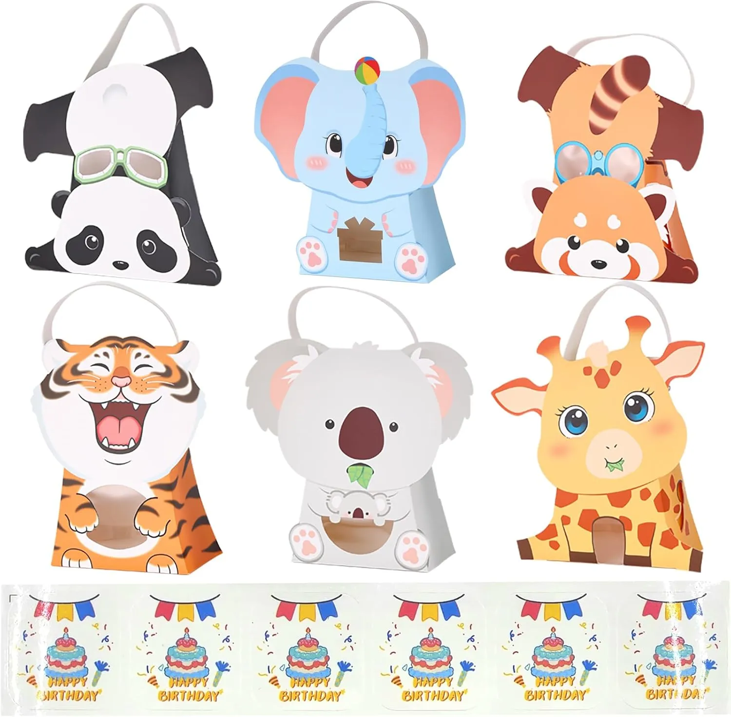 CcXxMming Kids Birthday Goodie Bags with Handles，Wildlife Theme Party Favor Bags, Animal-Shaped Paper Treat Bags with Window (30 Packs, 6 Designs) – Eco-Friendly for Jungle Safari Parties