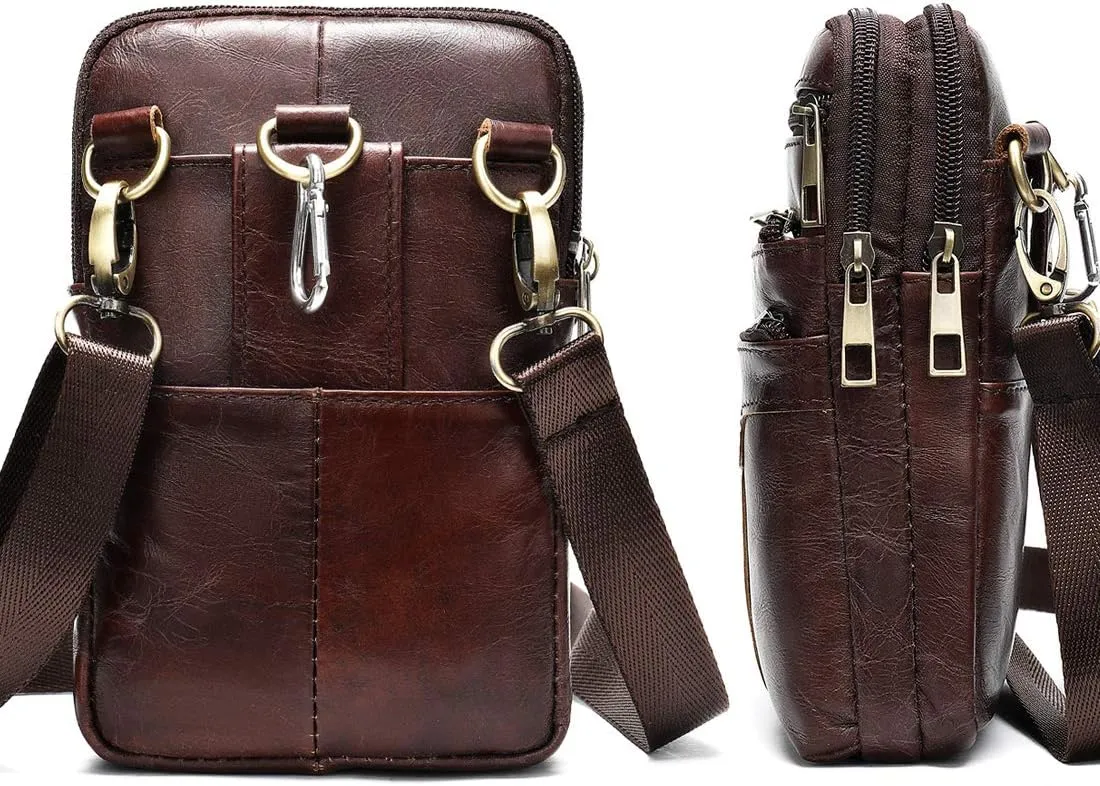 Cell Phone Waist Pouch Leather for Men, Leather Shoulder Messenger Bag Men, Travel Leather Sling Chest Bag Shoulder Holster Pocket Handbag Belt Case Wallet Purse Vertical Belt Loop Clip Waist Bag Pack