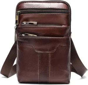Cell Phone Waist Pouch Leather for Men, Leather Shoulder Messenger Bag Men, Travel Leather Sling Chest Bag Shoulder Holster Pocket Handbag Belt Case Wallet Purse Vertical Belt Loop Clip Waist Bag Pack
