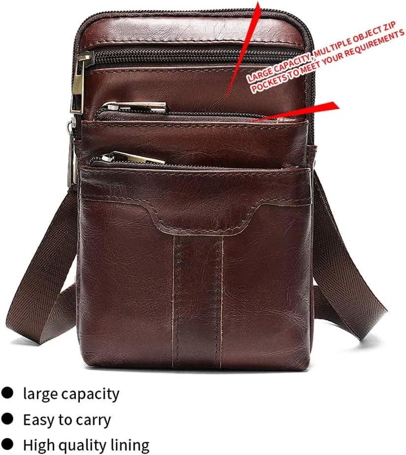 Cell Phone Waist Pouch Leather for Men, Leather Shoulder Messenger Bag Men, Travel Leather Sling Chest Bag Shoulder Holster Pocket Handbag Belt Case Wallet Purse Vertical Belt Loop Clip Waist Bag Pack