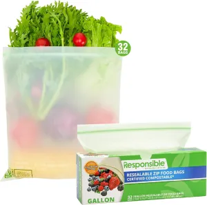 Certified Compostable Large GALLON Resealable Zip Bag, Extra Strength Food Bags, Made from Plant Materials (32 Pack)