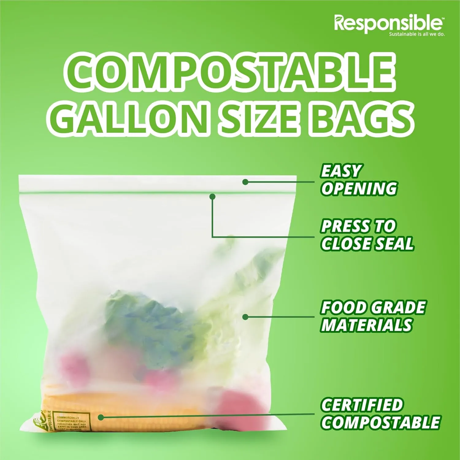 Certified Compostable Large GALLON Resealable Zip Bag, Extra Strength Food Bags, Made from Plant Materials (32 Pack)
