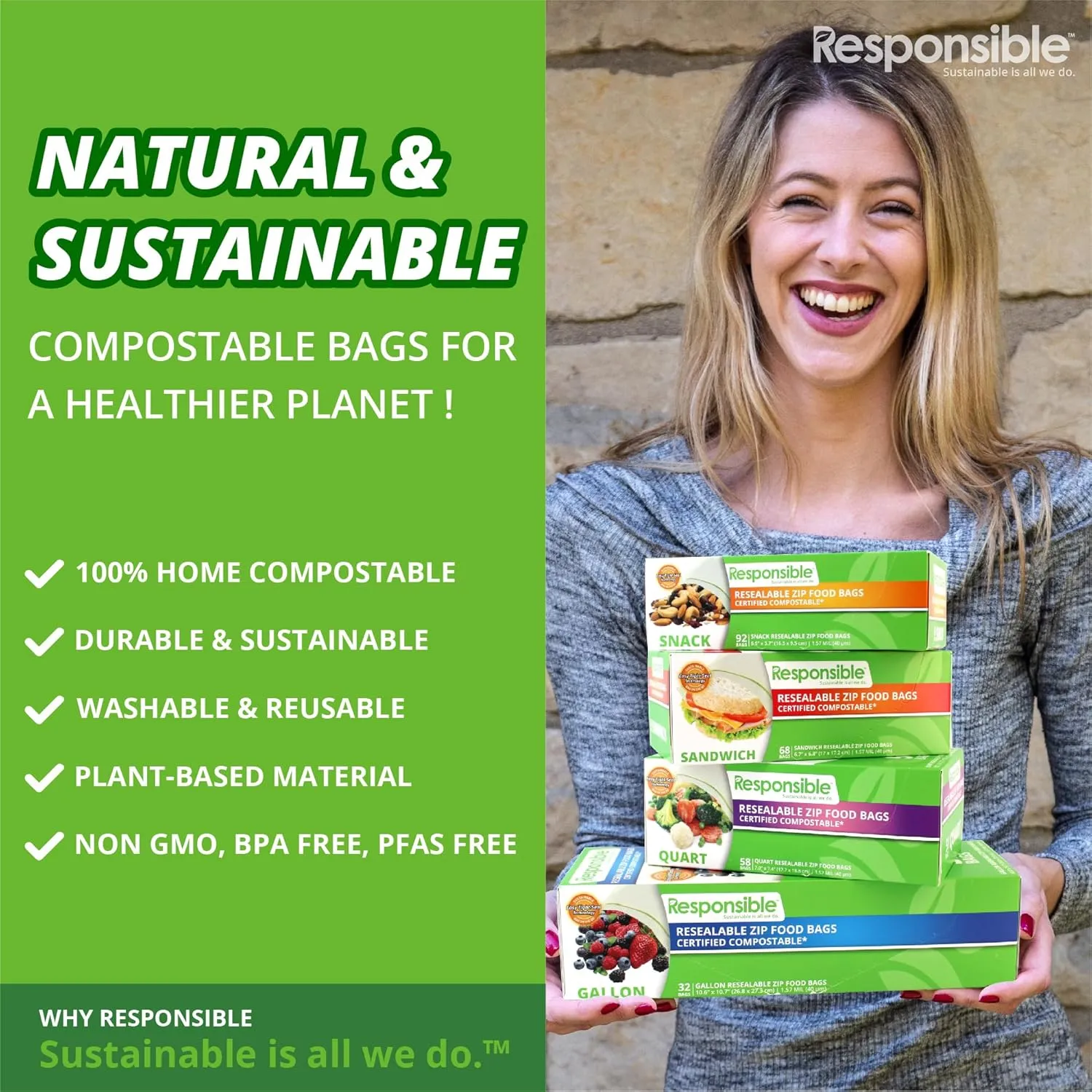 Certified Compostable QUART Resealable Zip Bag, Extra Strength Food Bags, Plant-Based Freezer-Safe (58 Pack)