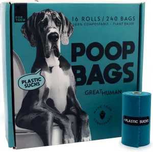 Certified home compostable dog poop bags - ASTM D6400 & EN 13432 Compliant - 240 count (16 rolls) plant based material pet waste bags, plastic free, extra thick, leak proof, unscented
