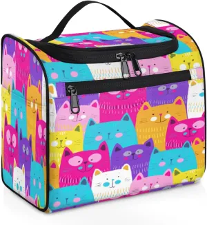 cfpolar Hanging Travel Toiletry Bag for Women Girls, Waterproof Makeup Organizer Case Bag with Multi Compartments, Portable Bathroom Cosmetic Storage Bag Pouch Holder, Cute Colorful Cats Pattern