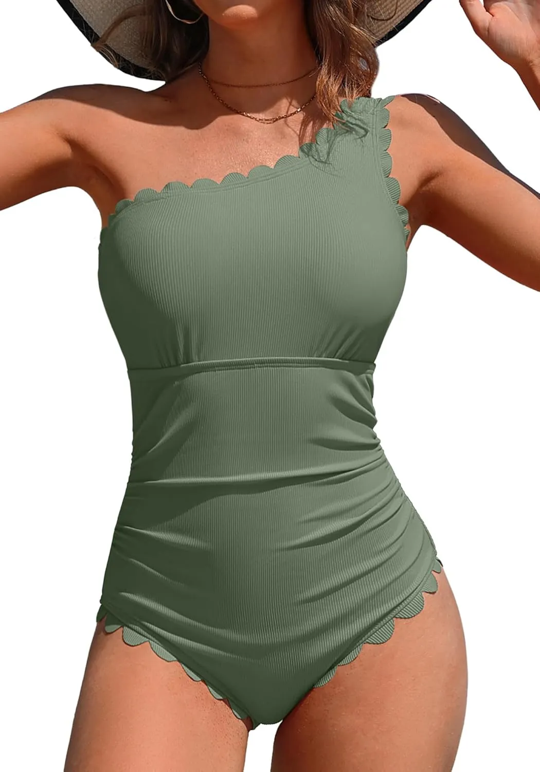Charmo One Shoulder One Piece Swimsuit Women Ribbed Scalloped Bathing Suit Cutout 1 Piece Slimming Full Coverage Swim Suit