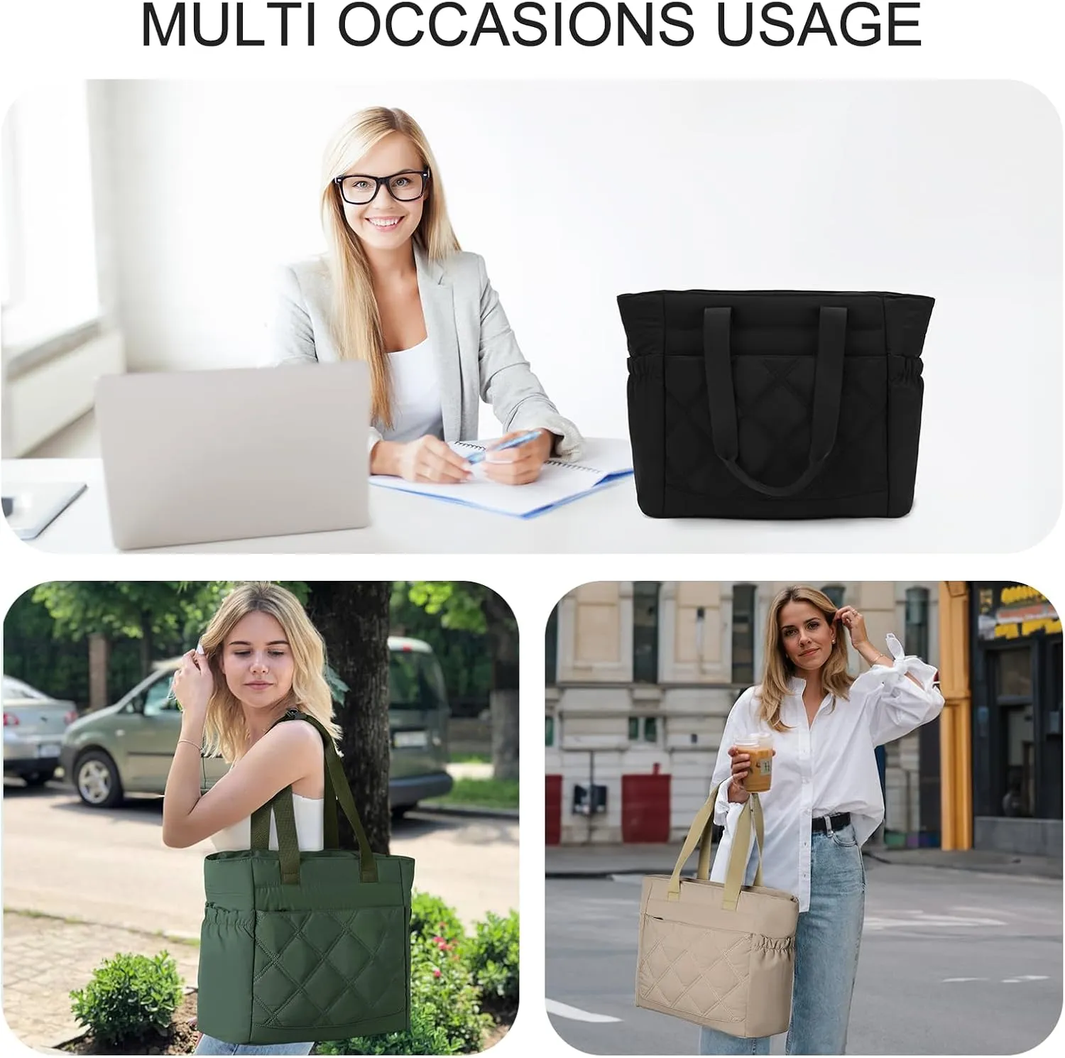 Chase Chic Tote Bag for Women, Large Quilted Puffer Work Bag Puffy Shoulder Handbags Purse with Laptop Compartment