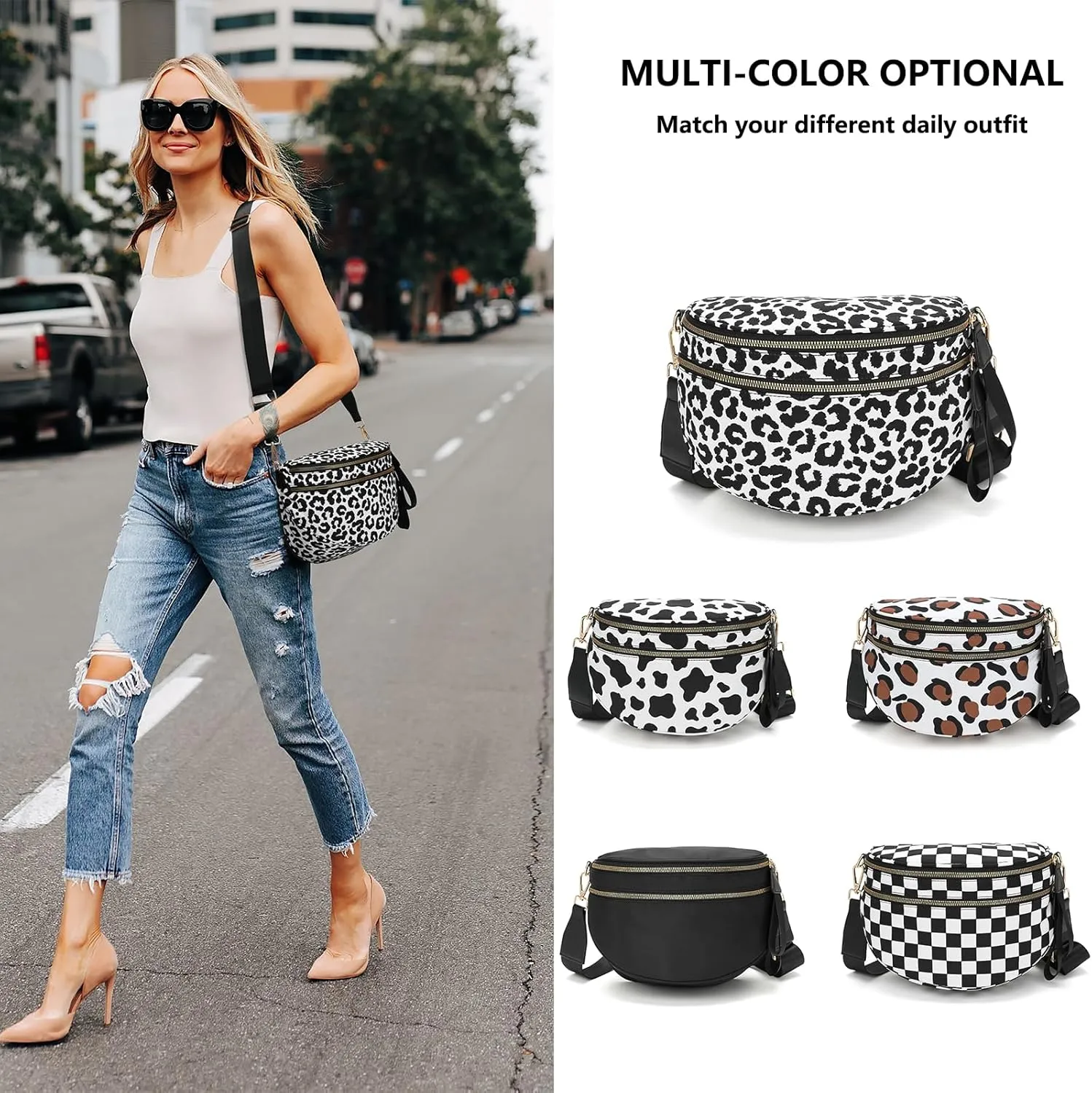 Checkered Crossbody Bag for Women Solid-color Shell Fashionable Sports Checkered Waist and Single-shoulder Purse Bag (Black grey checkered)