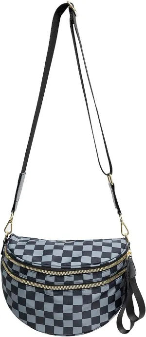 Checkered Crossbody Bag for Women Solid-color Shell Fashionable Sports Checkered Waist and Single-shoulder Purse Bag (Black grey checkered)