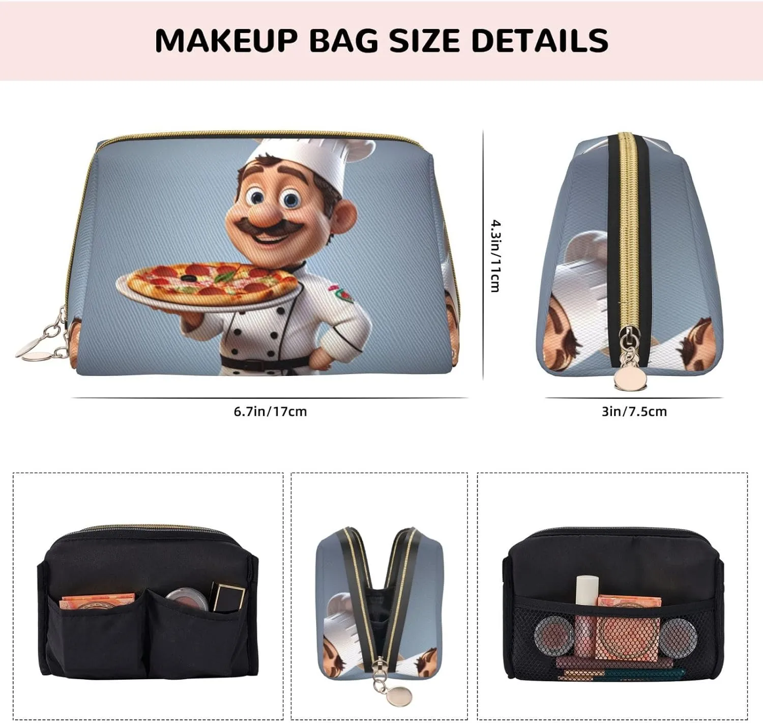 Chef Pizza Printed Small Makeup Bag,Travel Cosmetic Bag Purse with Zipper,Water-resistant Makeup Organizer Bag for Women